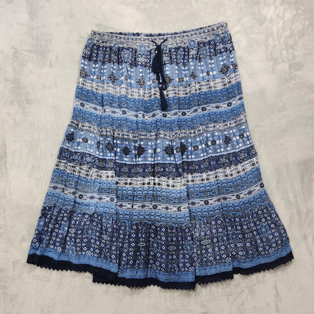 NY Collection Skirt Womens 3X Blue Floral Boho Peasant Maxi Crochet Lace Hem
